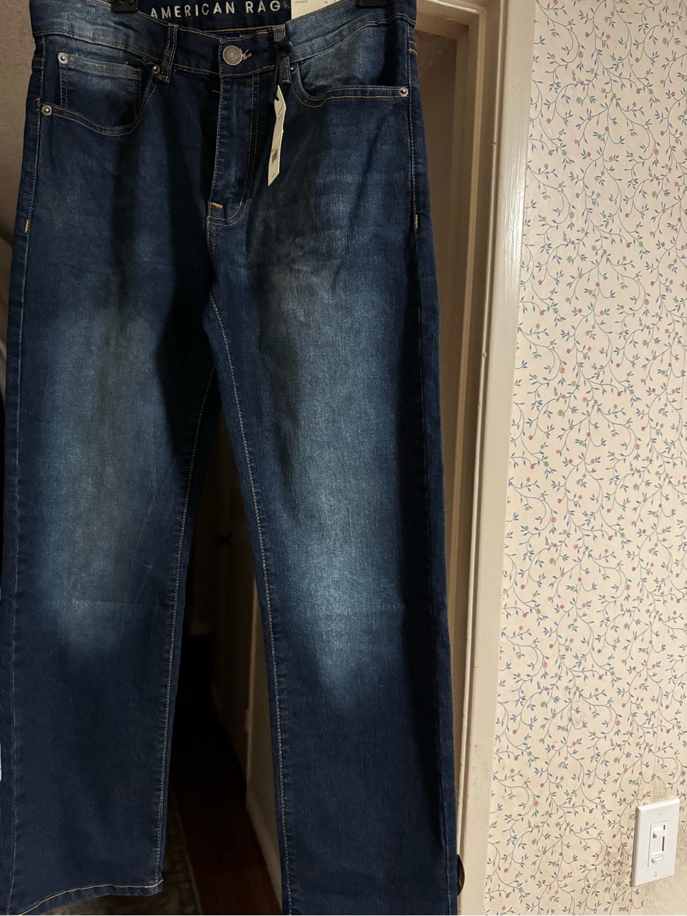 American Rag Men's Blue Straight Jeans with Faded Detailing